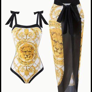 Golden Tone Lion Print Swimsuit with a coverup